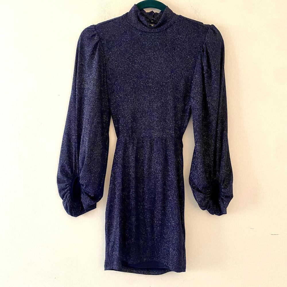 LUCY IN THE SKY navy sparkle bell sleeve high neck open back mini dress